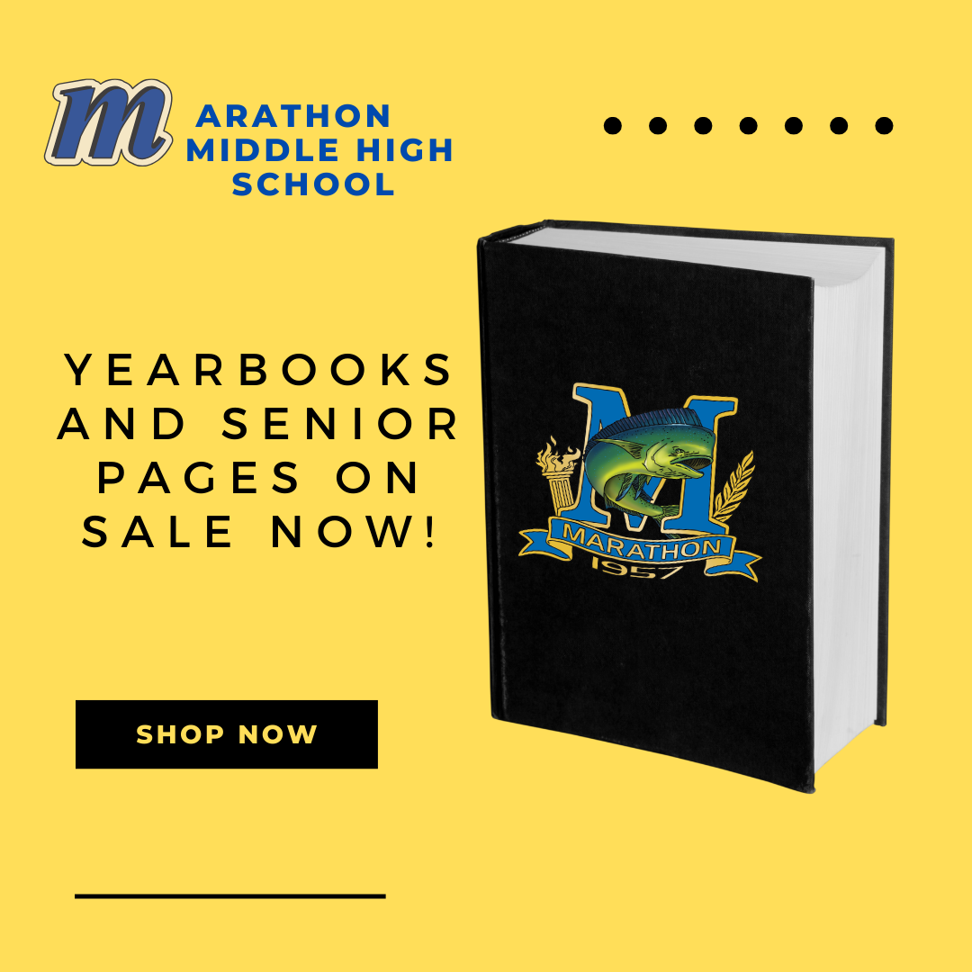  graphic of book with Marathon logo with type telling readers that yearbooks and ads are on sale now